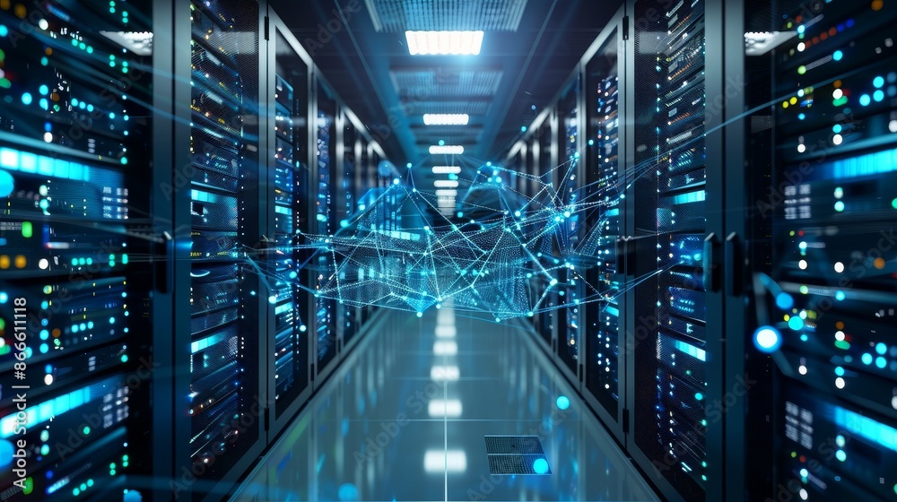 Poster rendering of a server data center room storage system connected to a network