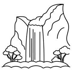 A Coloring pages of a waterfall with mountains and a water line in the distance