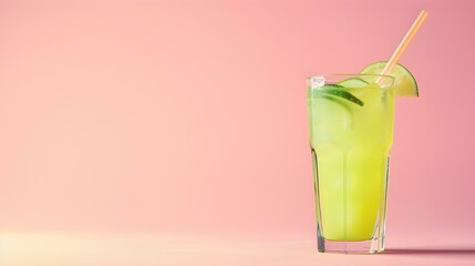 Light Green Summer Drink on a pink Background with Sunlight and Shadows