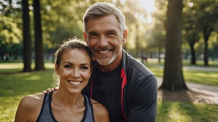 Obraz premium Couple in Athletic Wear Walking Through Park on Sunny Day