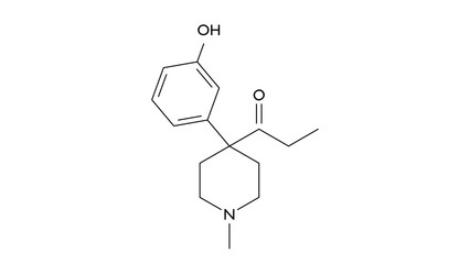 ketobemidone molecule, structural chemical formula, ball-and-stick model, isolated image ketogan