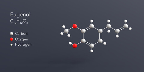 eugenol molecule 3d rendering, flat molecular structure with chemical formula and atoms color coding