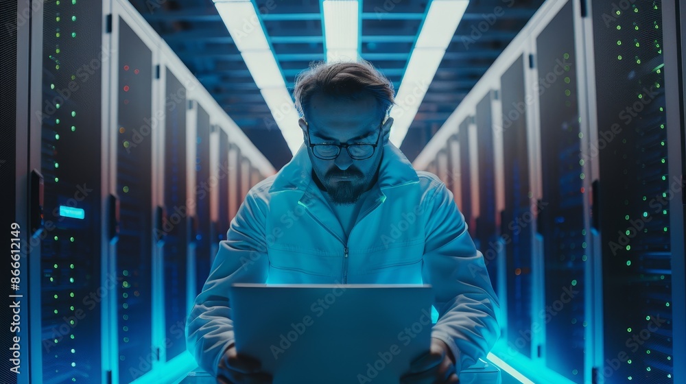Poster a man working in a cloud computing facility uses a laptop during his shift in a data center. he is w