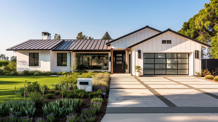 Ranch House with Garden. Architecture Exterior with Windows. Residential Building (one family). Real Estate. Suburban Residence.    