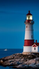 Picturesque lighthouse on rocky shore, boat sailing at dawn Vertical Mobile Wallpaper