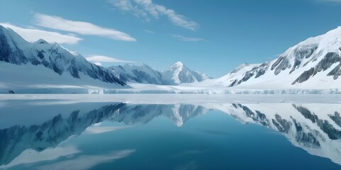 Obraz premium Reflective mountain landscape with glaciers melting into a lake. Concept Mountain Landscapes, Glaciers, Reflective Waters, Environmental Issues, Nature Photography