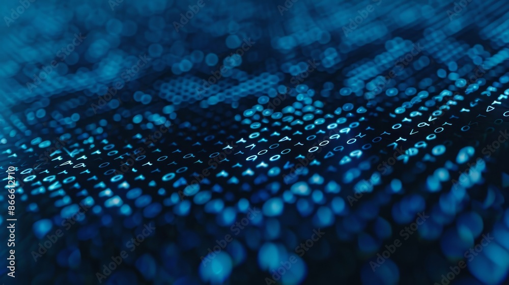 Poster the background of a computer screen is dominated by blue digital binary data