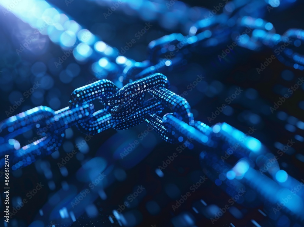 Poster the concept of a block chain is a digital code chain rendered in 3d.