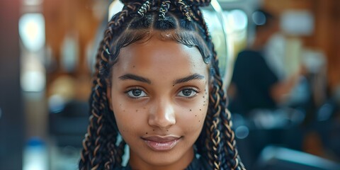 Stylist meticulously braids young womans hair in salon with intricate style. Concept Braiding Techniques, Hair Styling Tips, Salon Experience, Trendy Hairstyles, Hair Care Practices