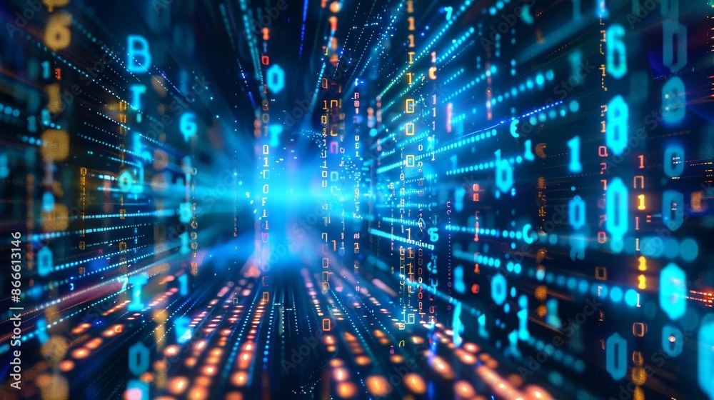 Poster graphical rendering of an open network of scientific technology data binary codes conveying connecti