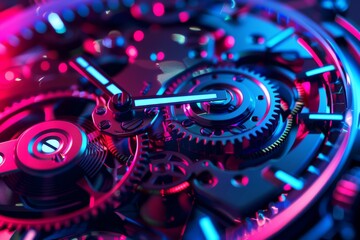 Intricate Close-Up of Wristwatch Gears with Neon Pink and Blue Lighting