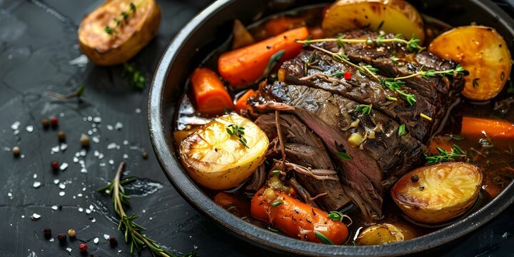 Traditional American Pot Roast Recipe with Beef Chuck, Carrots, and Yukon Gold Potatoes. Concept Beef Chuck, Pot Roast, Carrots, Yukon Gold Potatoes, American Cuisine