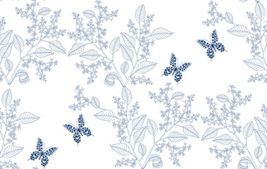 Pattern of leopard butterflies and branches with small blue flowers on a transparent background, in vintage style, for production, wallpaper, fabric, packaging.
