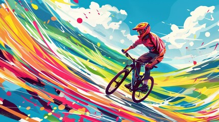 Fototapeta premium A colorful illustration painting of a young man riding a bicycle with a lot of energy