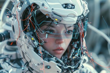 Fototapeta premium Semi-cyborg mechanic, created with stock AI in a digital art style