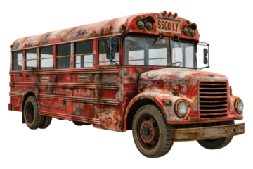 Old rusty red school bus isolated on transparent background