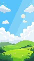 A scenic view of rolling green hills under a bright blue sky with fluffy white clouds.