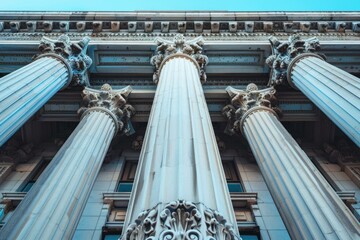 Standing at the bottom, gazing up at tall columns supporting the roof of a stately building