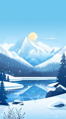 A serene winter landscape with snow-capped mountains reflecting in a frozen lake.  The sun shines brightly in the sky.