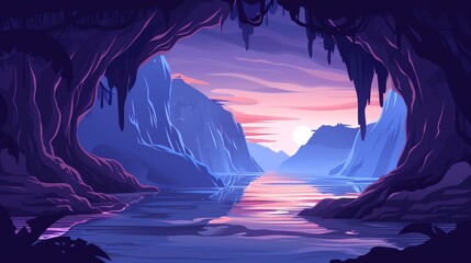 A scenic view from a cave opening, showcasing a serene river flowing through a mountain valley at sunset.