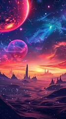 A surreal landscape with towering structures and glowing planets under a vibrant, starry sky.