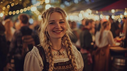 Obraz premium Young woman wears dirndl at Oktoberfest, city festival, or folk festival, smiles, anticipates, and enjoys the moment