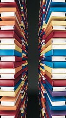 Colorful books stacked symmetrically against dark background Vertical Mobile Wallpaper