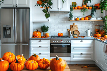 Modern white kitchen interior decorated for fall with orange pumpkins, autumn home decoration