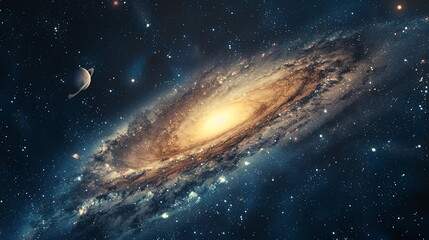 Fototapeta premium A vibrant spiral galaxy with a bright core, surrounded by scattered stars and a crescent moon in the distance.