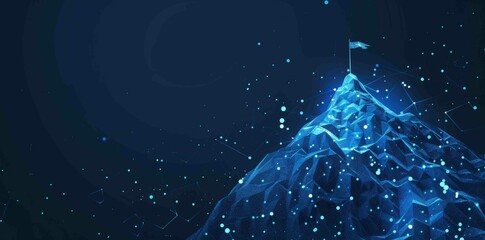 An abstract goal achievement and ambitions concept on a dark blue technology background with peaks and constellations.