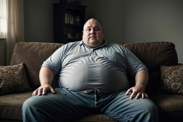 Fototapeta premium An overweight man, with big fat belly, sitting on a sofa, living a sedentary life, not doing any exercise. Obese male, a couch potato, not taking care of his weight, diet and health.