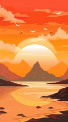 A vibrant sunset over a calm lake with a mountain silhouette in the foreground. Birds fly across the sky.