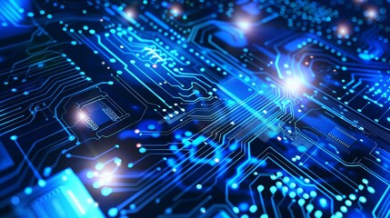 The circuit lines in blue are on a dark technical background. Abstract digital technology background. Electronics and computer technology concept. Chip and circuit board. Modern illustration.
