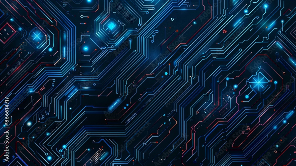 Poster in a circuit background there is a shining computer chip in the center of an abstract digital techno