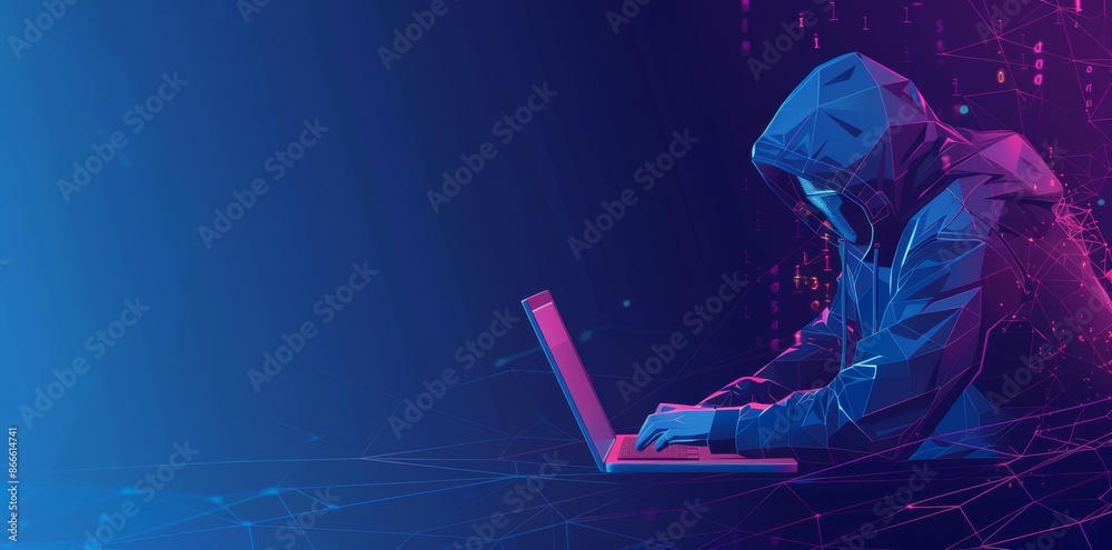 Poster digital anonymous hacker with light blue laptop and artificial intelligence chip. technology electro