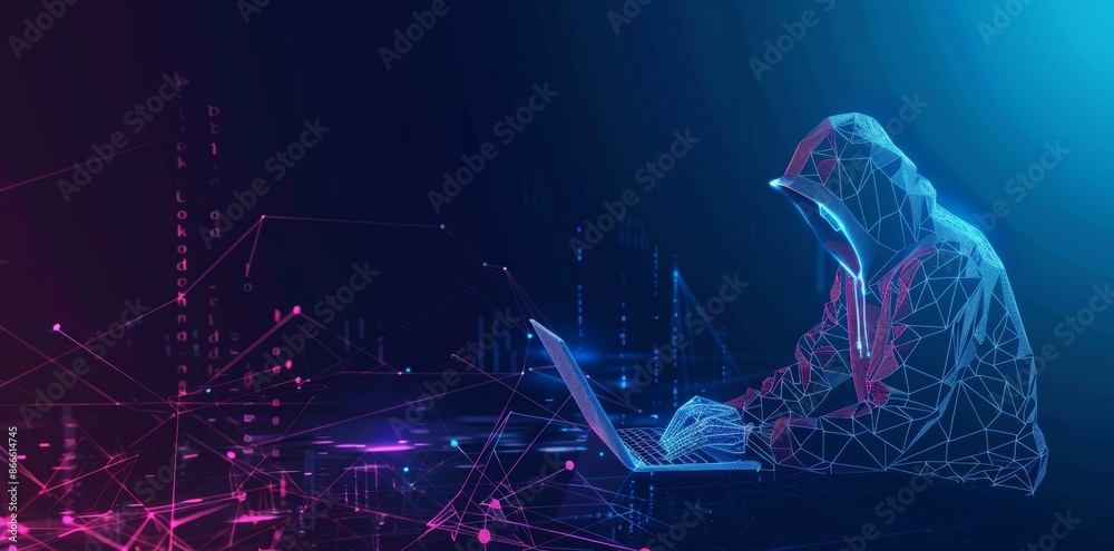 Poster an abstract illustration of an anonymous hacker with a light blue laptop and a chip embedded in the 