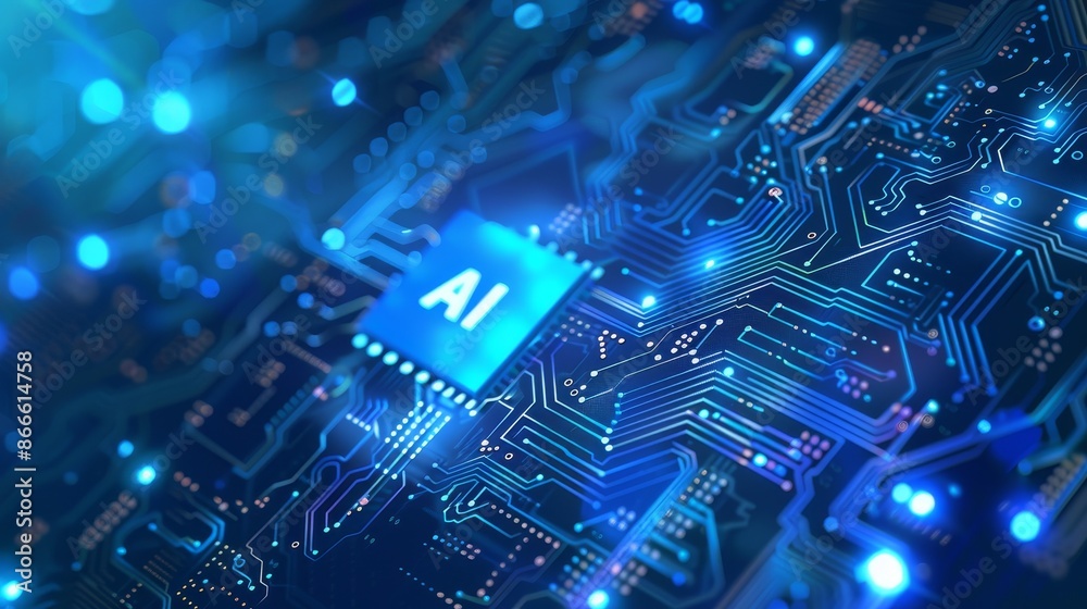 Poster artificial intelligence chip background with circuit line light elements. technology blue background