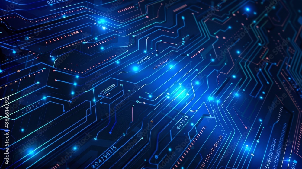 Poster an abstract digital background featuring circuit line elements in technology blue. modern image of a