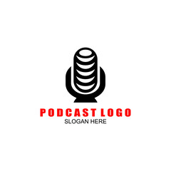 Podcast with microphone. Unique business podcast logo emblem design template.
