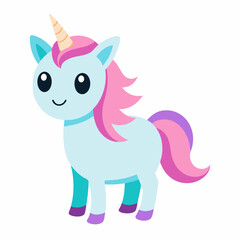 A cute unicorn with pink mane and tail on white background