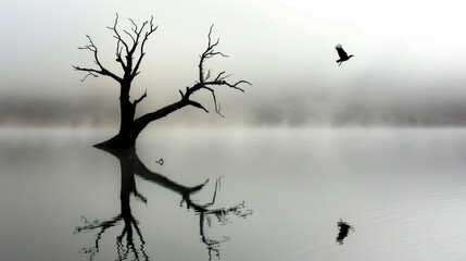 Fototapeta premium A hauntingly beautiful scene: the silhouette of a dead tree mirrored on a misty lake, with a lone bird gracefully soaring above
