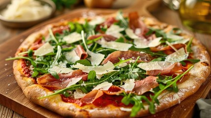 A gourmet pizza topped with arugula, prosciutto, and shaved Parmesan cheese, presented on a wooden board for an elegant touch