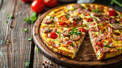 Italian Frittata with Bacon Sausage Tomatoes and Green Onion on Wooden Plate