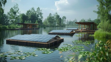 Floating Solar Farms: Illustrate the innovative concept of floating solar farms on bodies of water, highlighting the intersection of technology and environmental solutions.