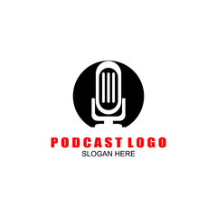 Podcast with microphone. Unique business podcast logo emblem design template.