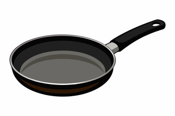 An empty frying pan with a black handle is placed on a white background