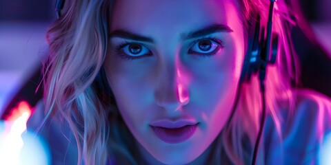 Fototapeta premium Blonde woman immersed in gaming in neon-lit gaming room. Concept Neon Lights, Gaming Setup, Blonde Woman, Fun Portrait, Technology Trends