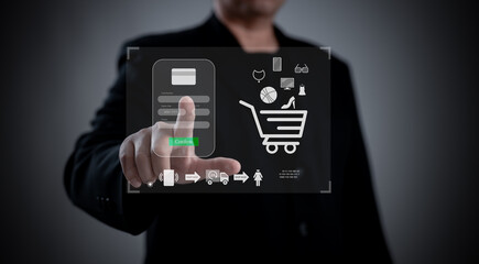 A businessman use virtual screen in an online store, orders on the website. the convenience of technology in e-commerce, highlighting the ease of online shopping and the practicality of home delivery.