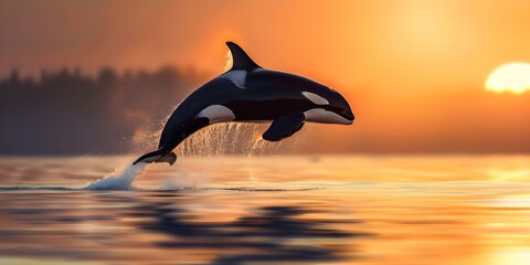 Fototapeta premium Orca whale leaping in the water at sunset. Concept Ocean wildlife, Orca whales, Sunset scene, Marine animals, Nature photography