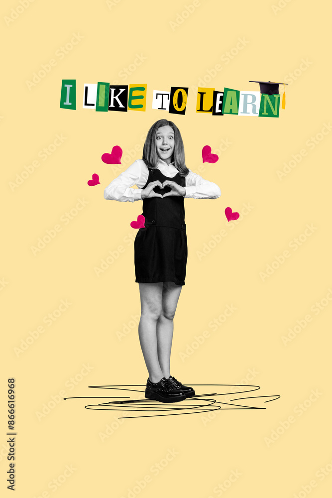 Canvas Prints Vertical photo collage of happy teenage girl show heart hand gesture valentine day school holiday education isolated on painted background